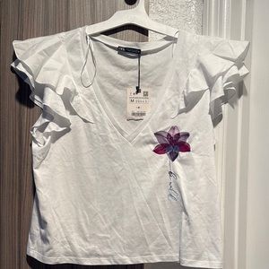 Zara Flutter Sleeve White Top with Purple Floral Design